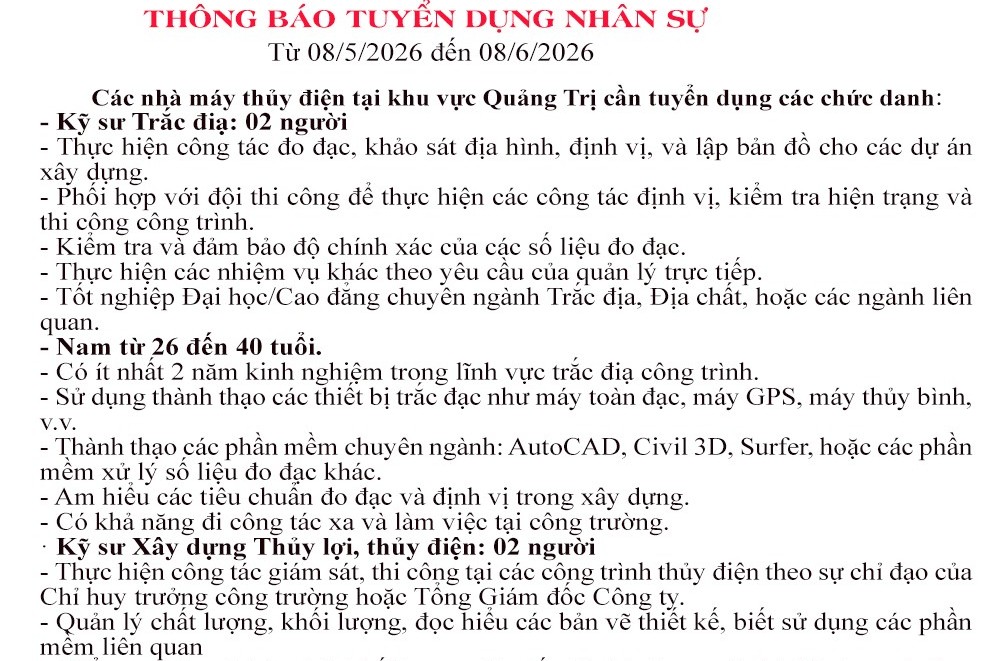 Nhà máy Thuỷ điện Quảng Trị tuyển nhân sự