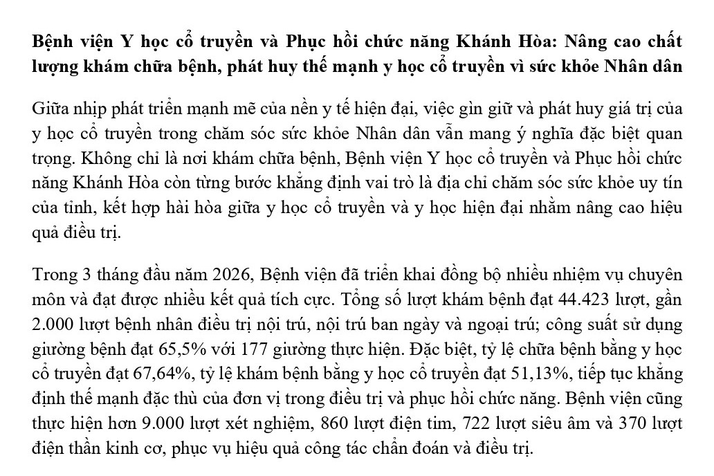 Bệnh viện Y học cổ truyền và Phục hồi chức năng Khánh Hòa: Nâng cao chất lượng khám chữa bệnh, phát huy thế mạnh y học cổ truyền vì sức khỏe Nhân dân